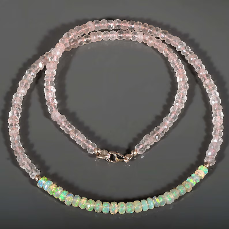 Natural Welo Fire Opal Rose Quartz Beaded Necklace Handmade 925 Sterling Silver