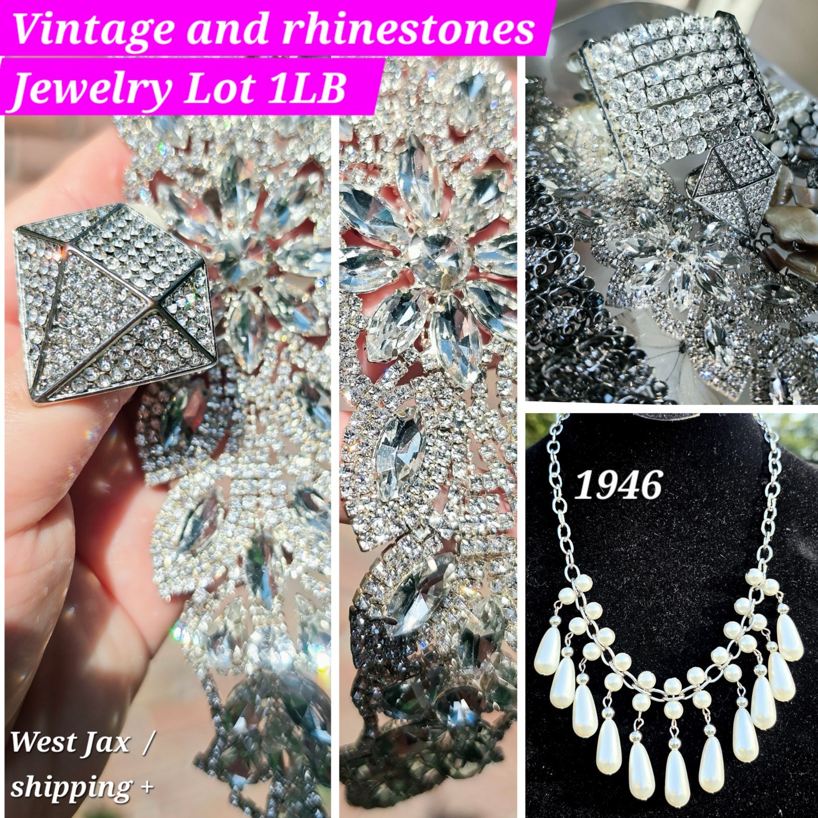 Rhinestone & Vintage Jewelry Lot 1LB Pearl Necklaces Wedding Set Glam Bracelets