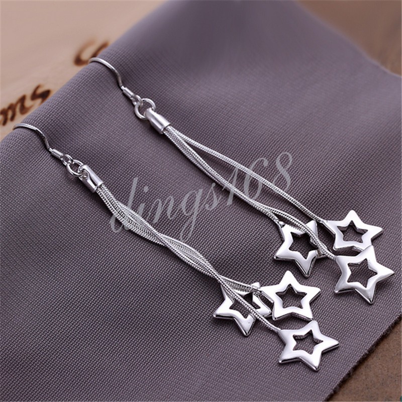 Classic 925 Sterling Silver 100mm Long Threader Star Tassels Dangle Earring N867