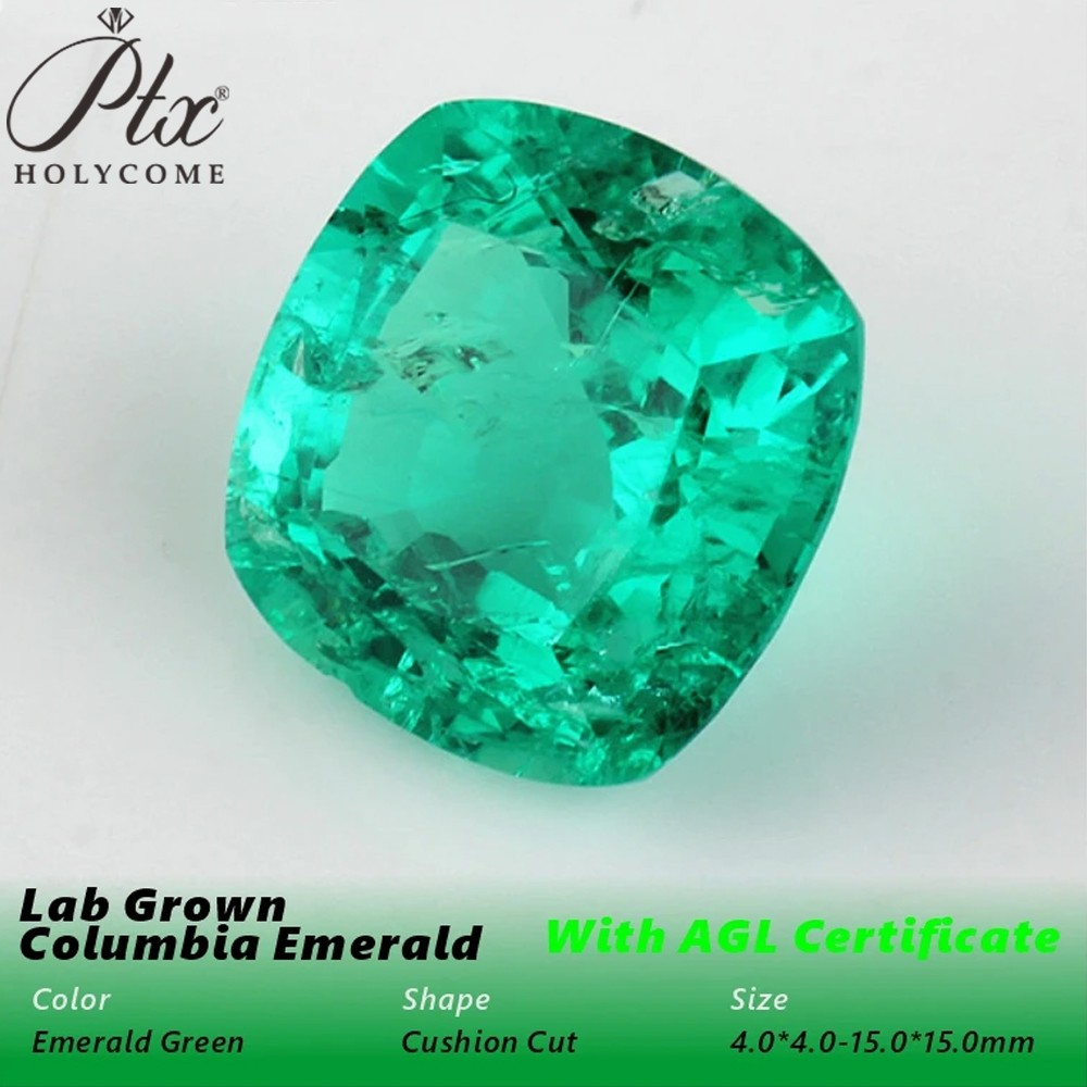 AGL Lab Grown Cushion Colombian Emerald Stone with Inclusions for Jewelry Making