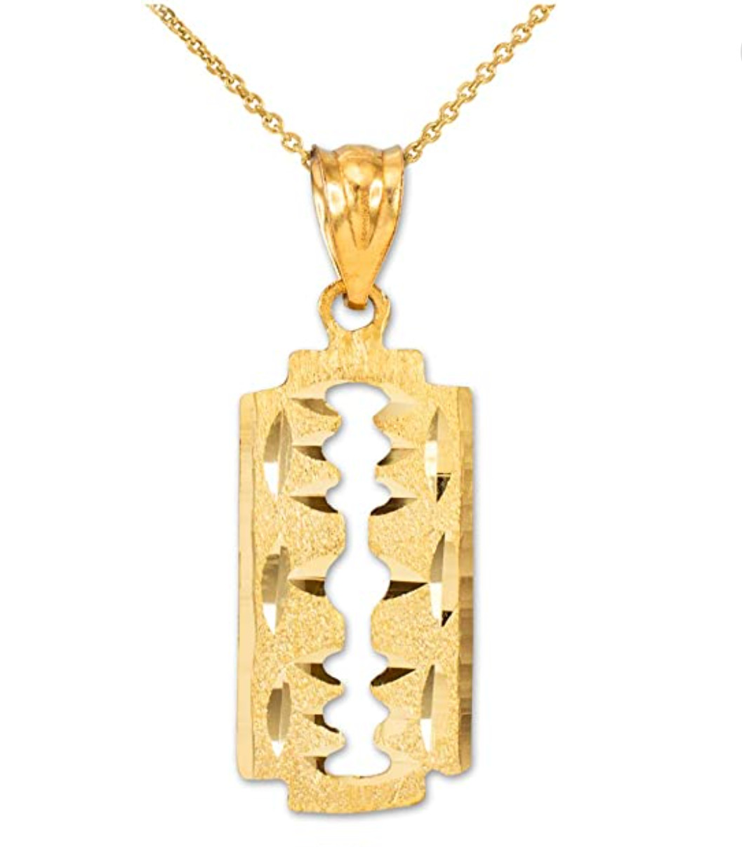 14K Solid Yellow Gold Diamond Cut Razor Blade Necklace Barber Shop Pendant Charm