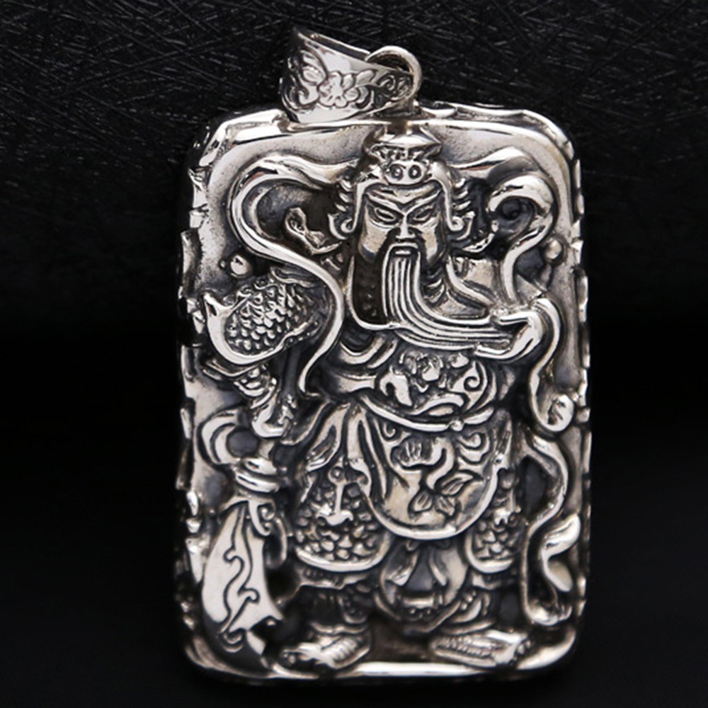 Pure S925 Sterling Silver Men Women Carved Dragon Guangong Oblong Pendant 34-35g