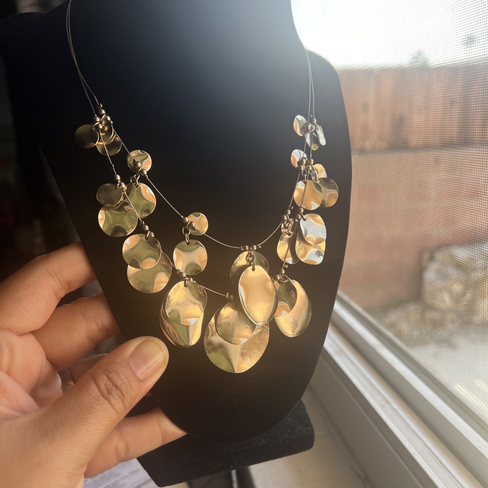 Double Layer Strand Bib Necklace 16 Inch Long With 3 1/2 Inch Extension Chain