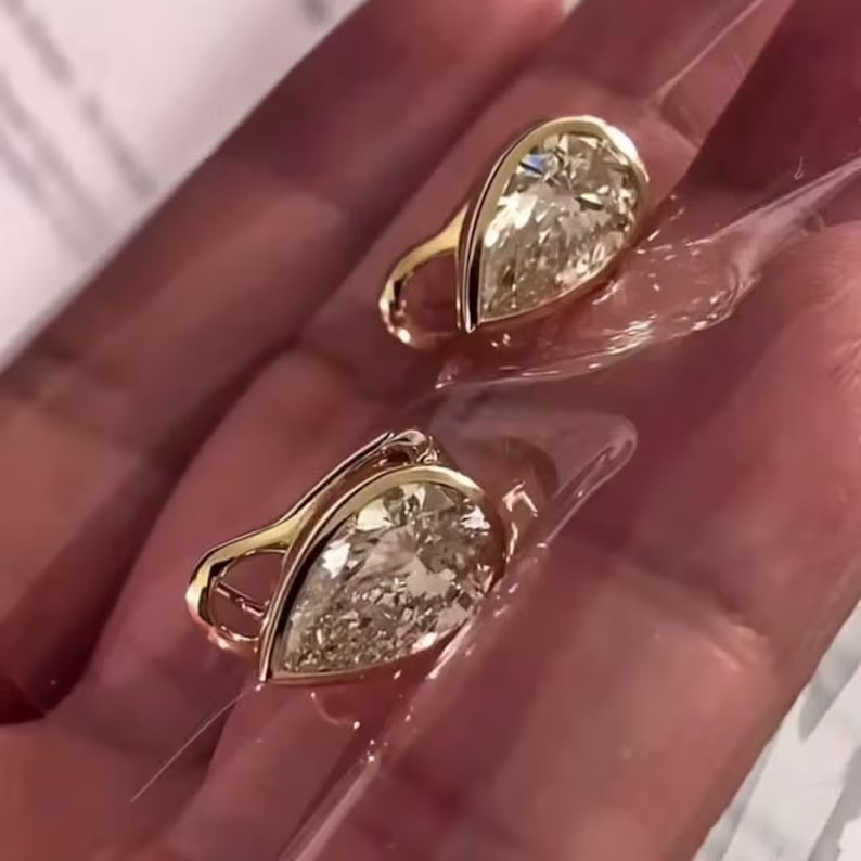 2tcw Pear Lab Grown Diamond English Lock Earrings 14K Yellow Gold Ethical Choice