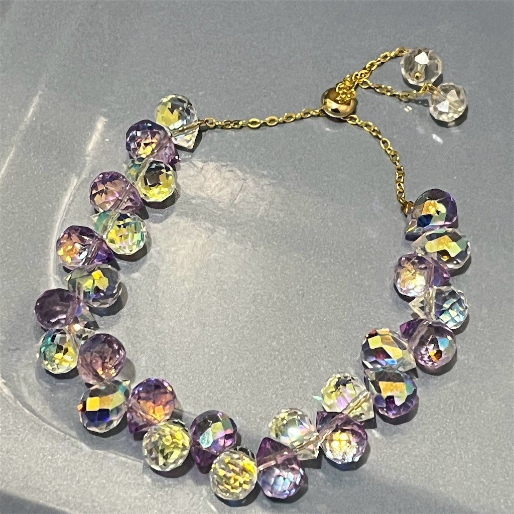 Adjustable Slider Glass Bracelet Purple Faceted Crystal Teardrop Gift Evening