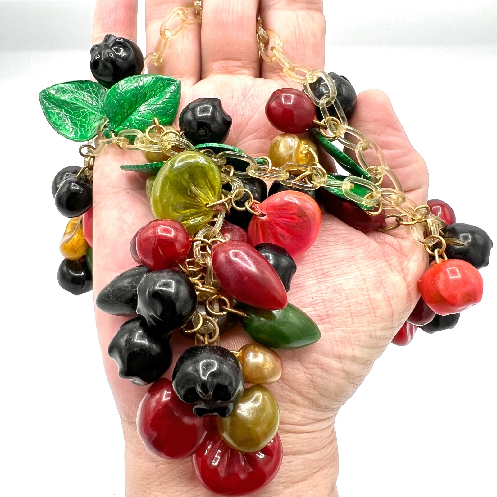 Anka Celluloid Mixed Fruit Necklace & Earring Set Vintage Stock 1920s Fruit