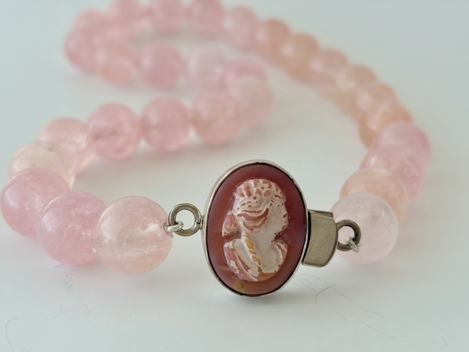 Madagascar Rose Quartz Necklace 14mm Silk Knotted 925 Cameo Clasp OOAK VTG