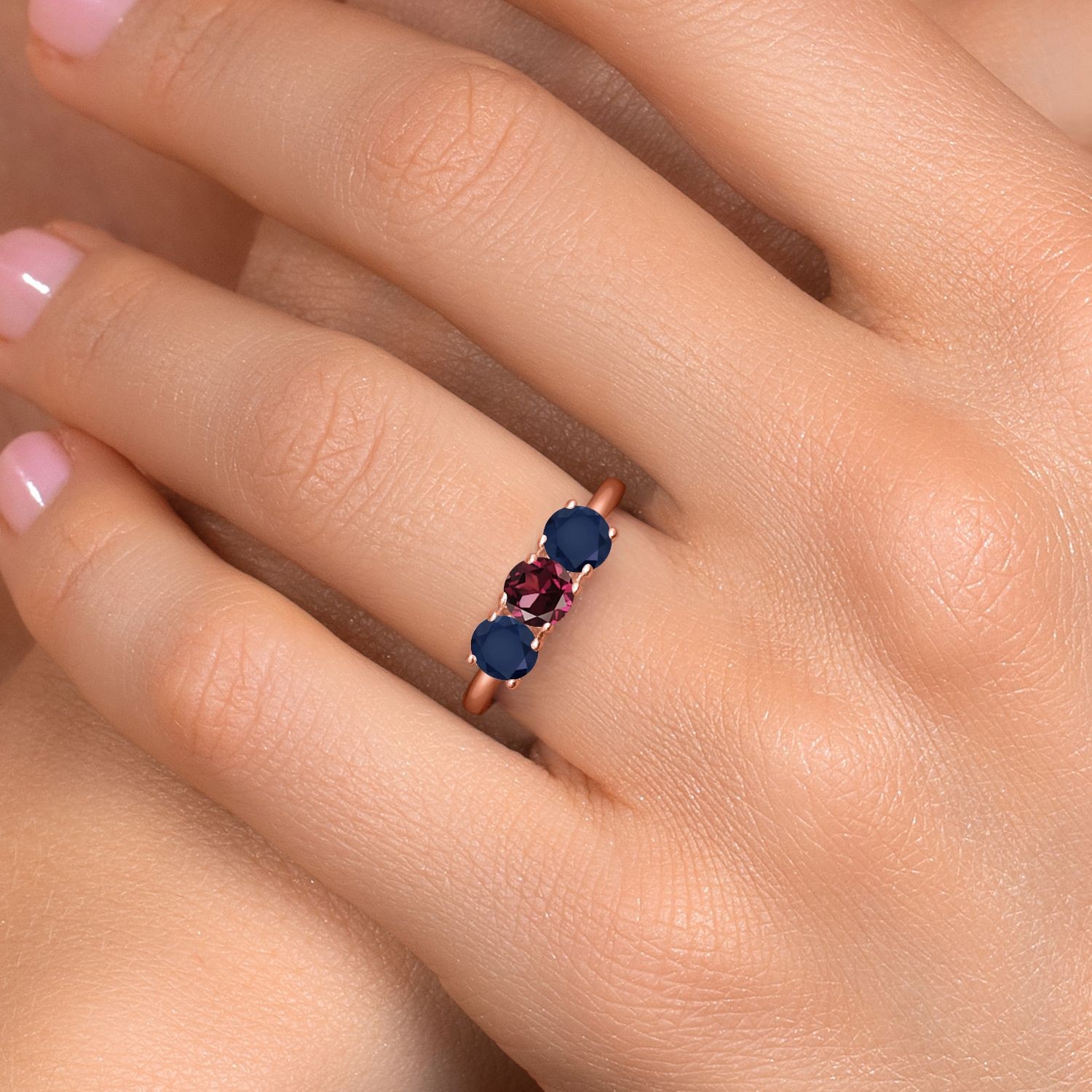 18K Rose Gold Plated Silver Rhodolite Garnet and Sapphire Engagement Ring For