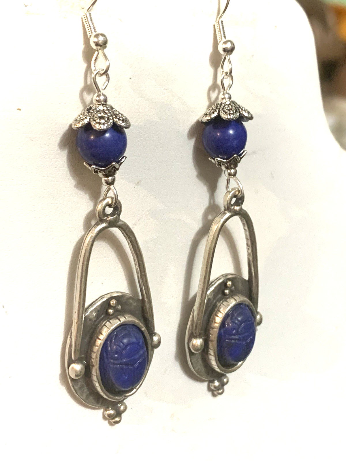 NEW ITEM* HANDCRAFTED EGYPT CARVED VTG. LAPIS SCARAB EARRINGS-NEW-.925 EAR WIRES