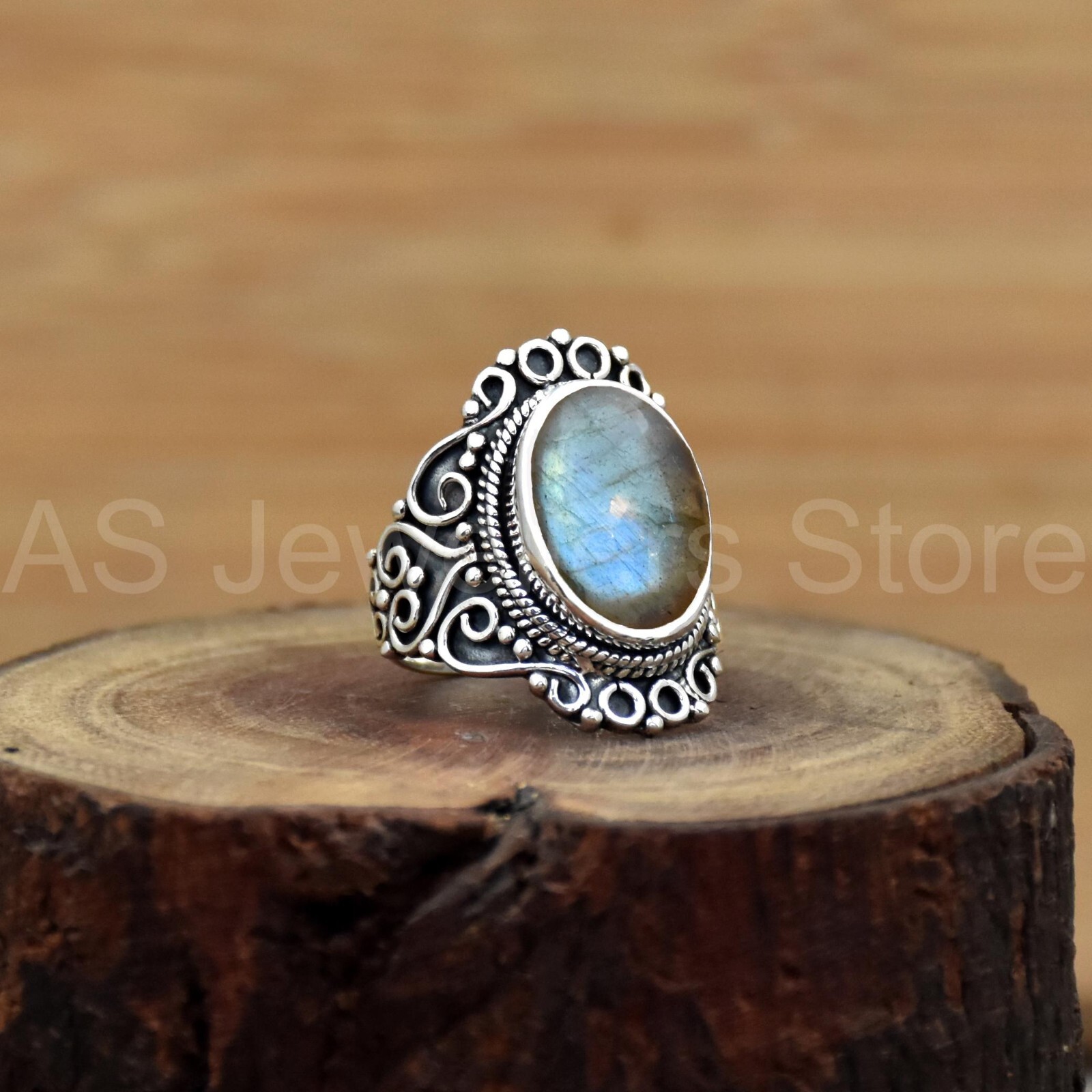 Labradorite Gemstone Ring, 925 Sterling Silver Ring, Handmade Textured Jewelry