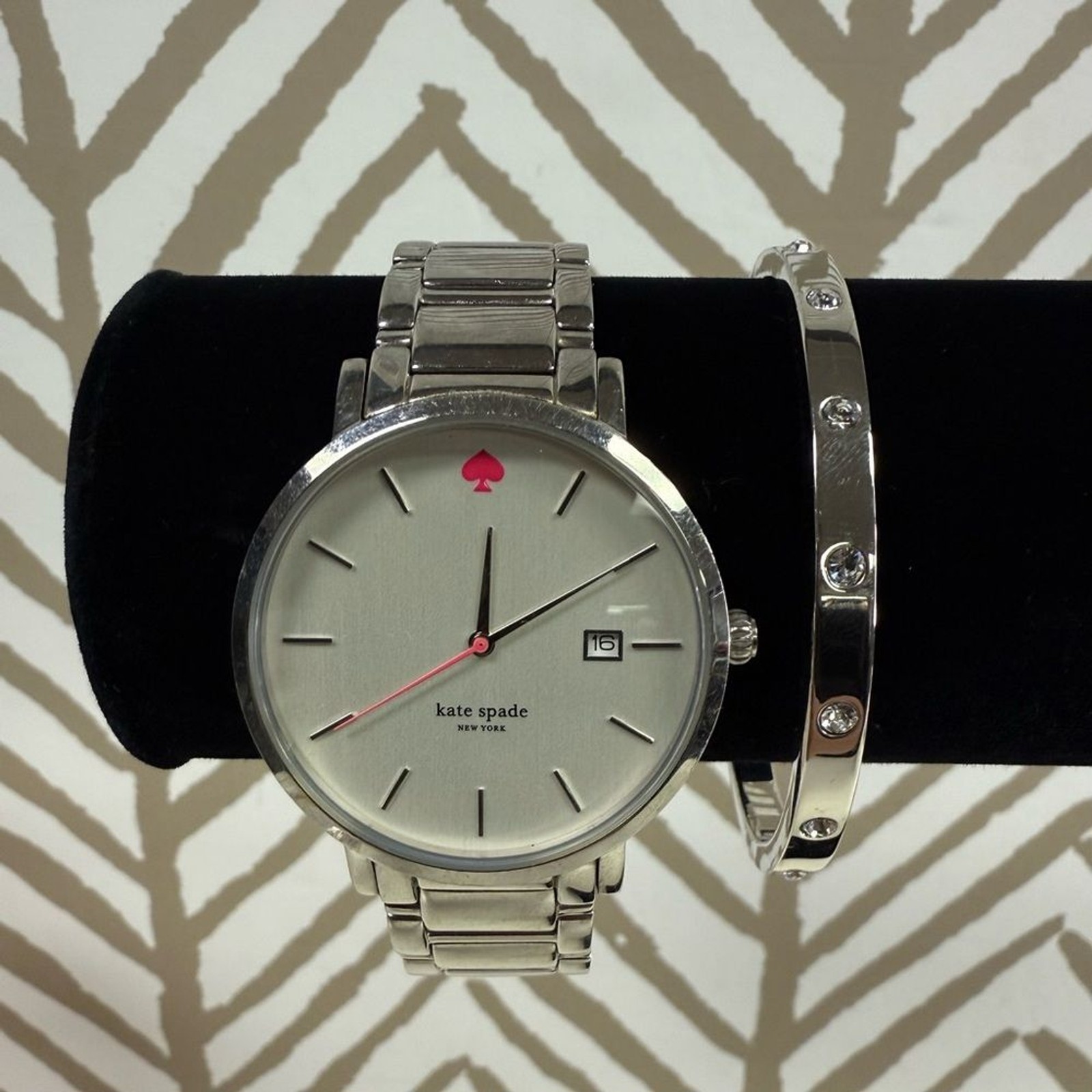 Kate Spade Silver Gramercy Watch & “Set In Stone” Hinge Bracelet 2 Piece Set