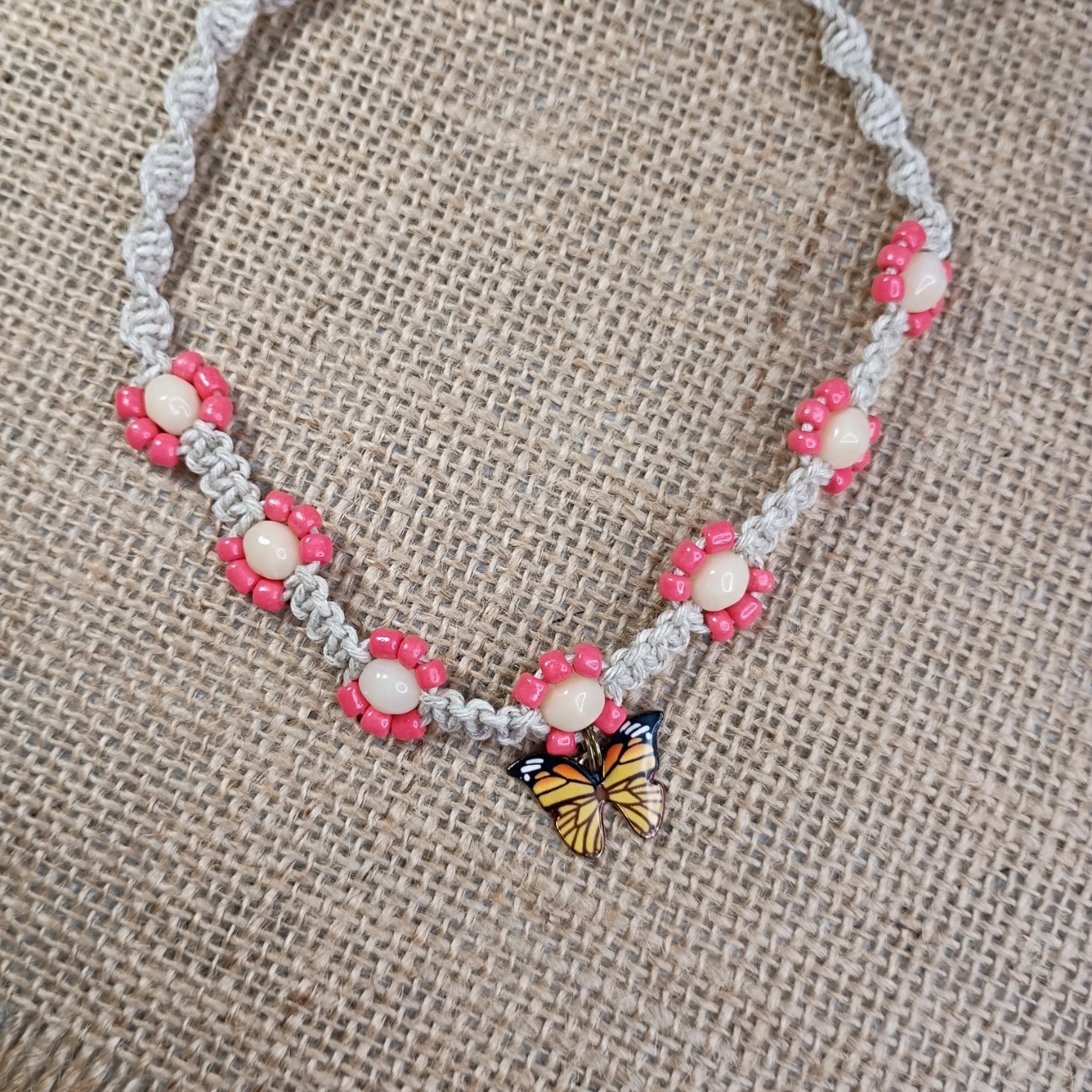 Natural Hemp Necklace w/ Butterfly Charm & Glass Beads, 17-22 inch Ready to Ship