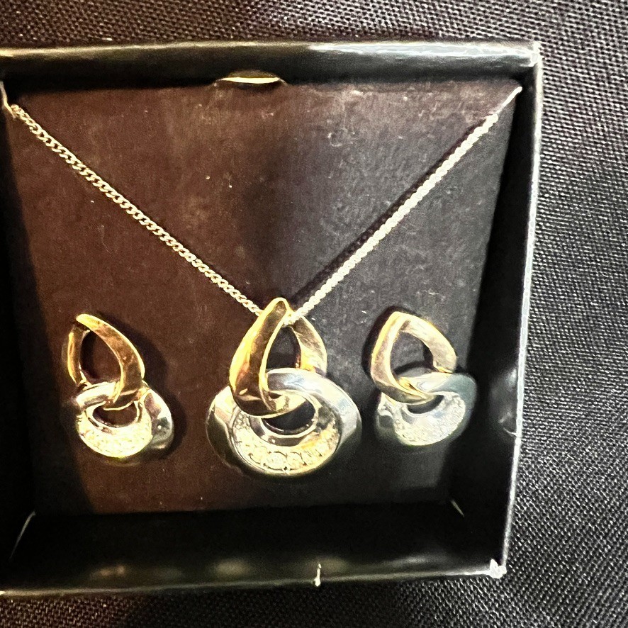 SAC Two Tone Necklace Earring Set NOS Vintage 1990s Silver Gold Tone Crystal