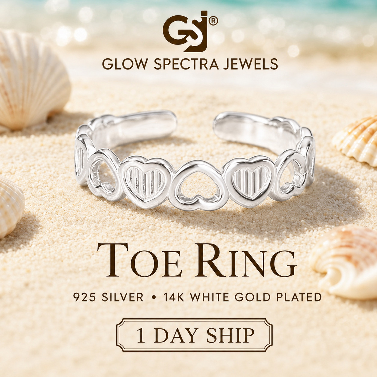 Women’s Heart Toe Ring Solid Metal 925 Sterling Silver 14k White Gold Plated