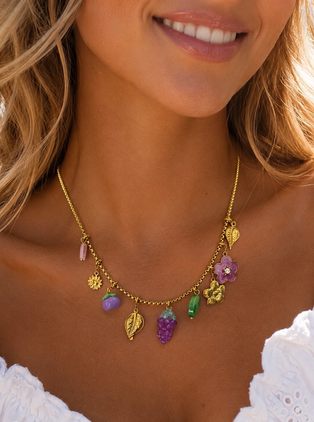 Gold Charm Necklace Les Nereides STYLE Fruit Flower Cottagecore Botanical Boho