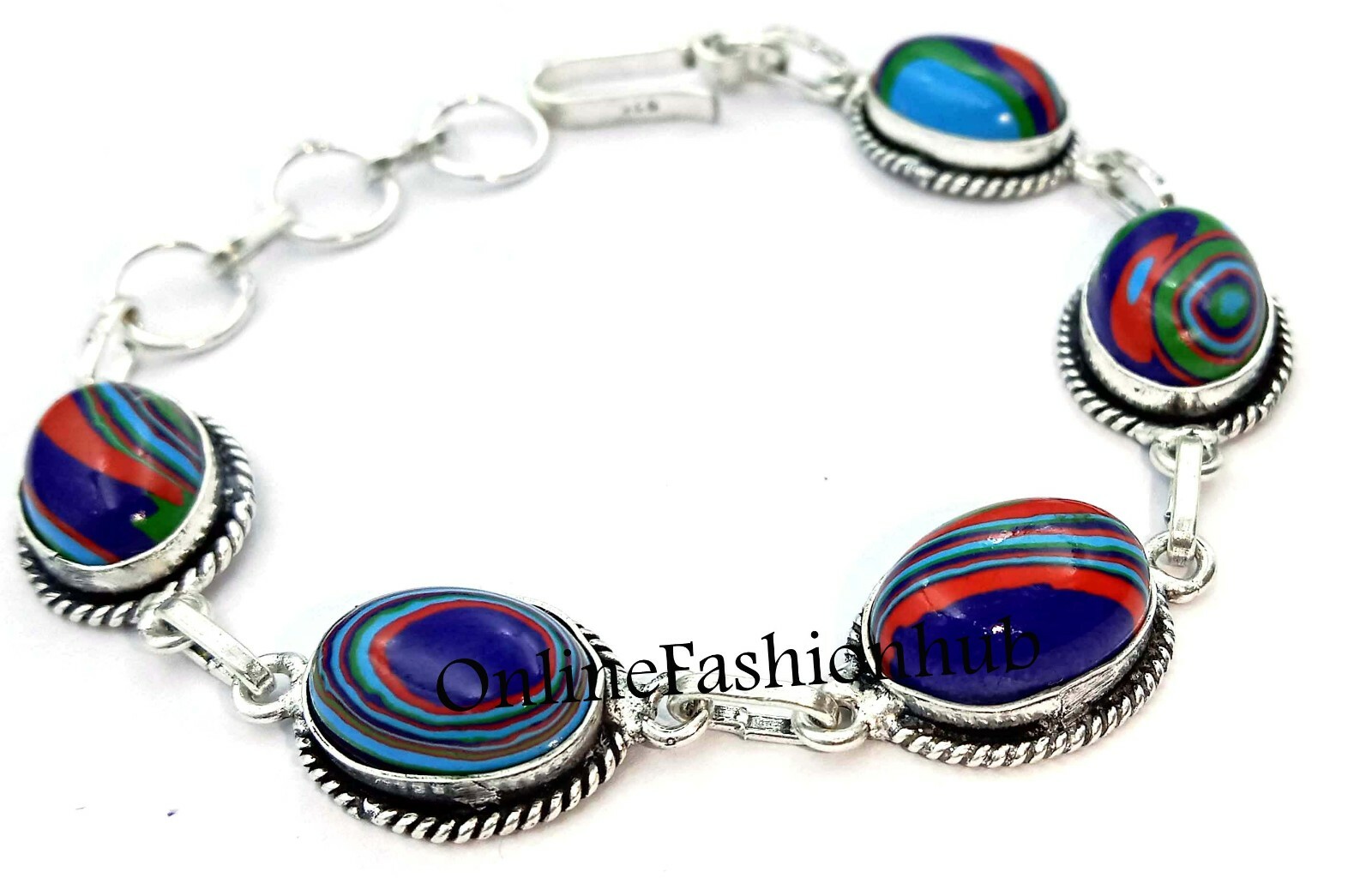 Rainbow Calsilica Gemstone 925 sterling silver plated Bracelet 8″ women Jewelry