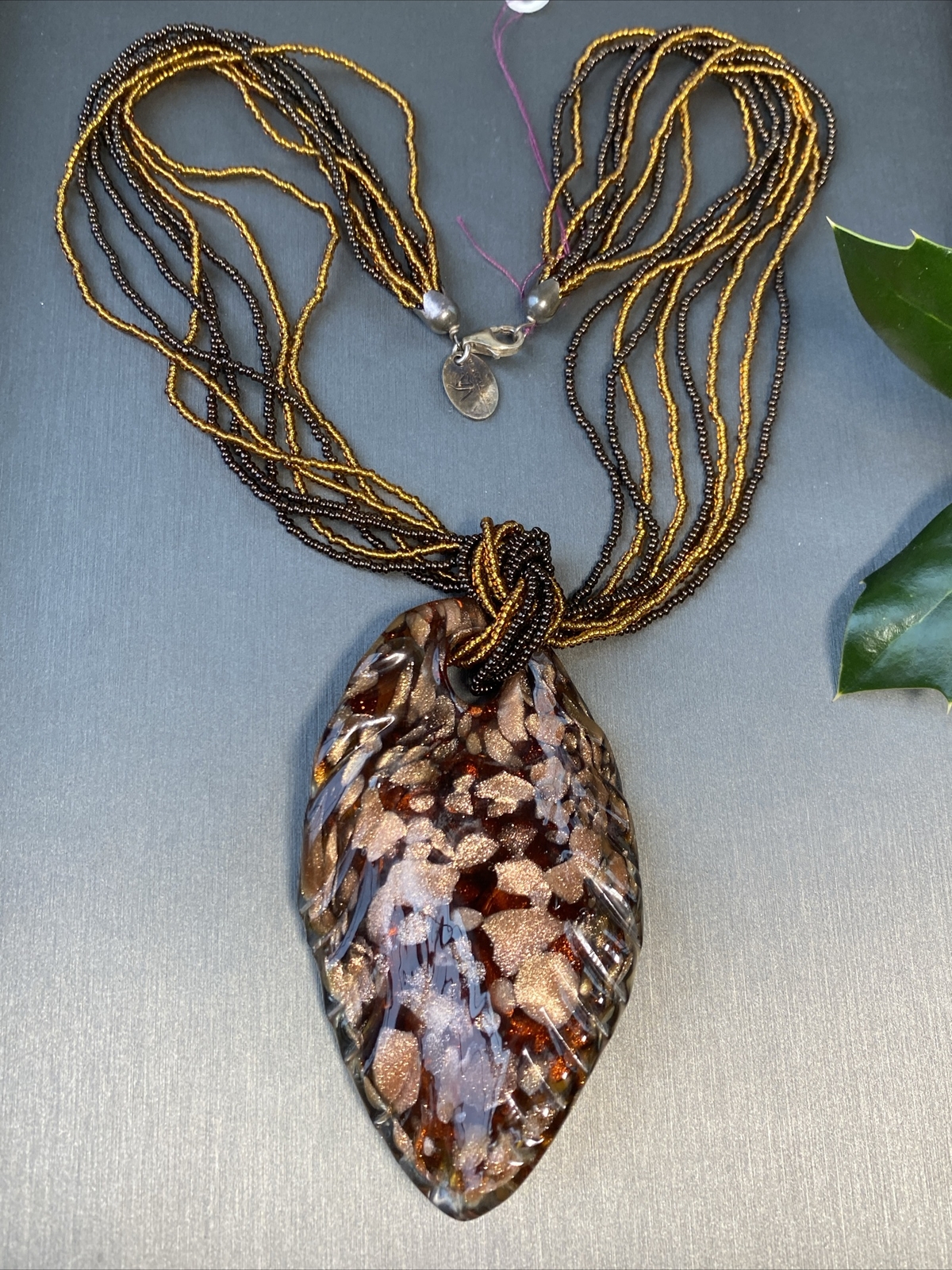 Vintage Pendant Necklace Handblown Murano Italy Art Glass 24K Gold Fleck Signed