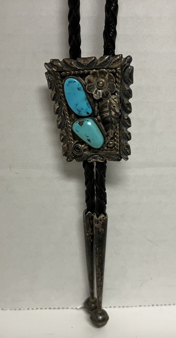 Vintage Native American Sterling Silver Turquoise Bolo Tie Signed