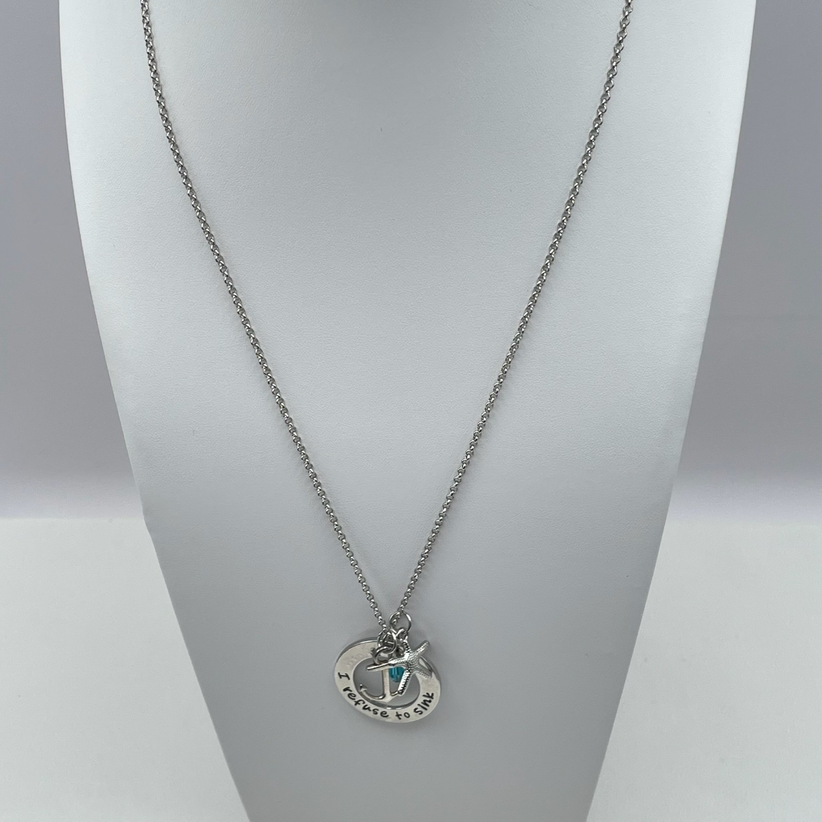 Vintage Y2K Silver Tone I Refuse to Sink Anchor Starfish Teal Crystal Necklace
