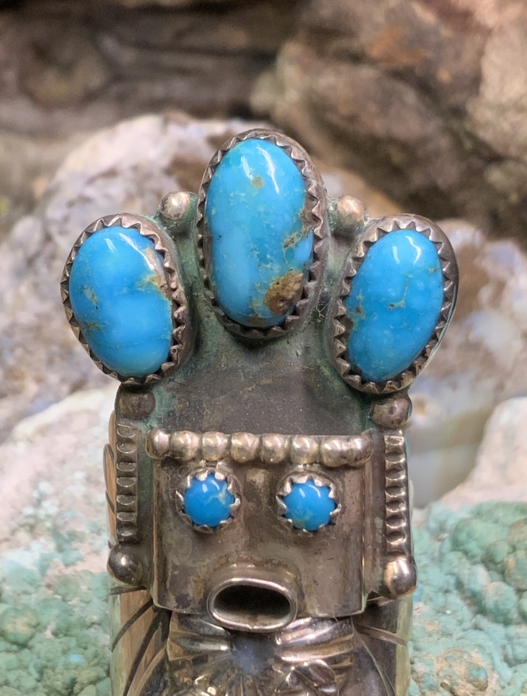 Navajo “Doris Smallcanyon” Sterling Silver & Turquoise Kachina Ring, 16.3g
