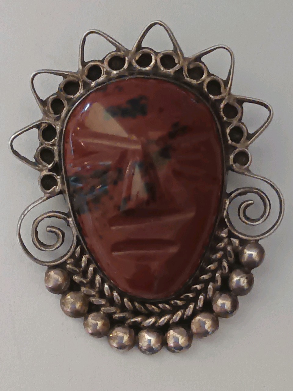Vintage Mexican Aztec Face Mahogany Obsidian Brooch Pendant Sterling Marked