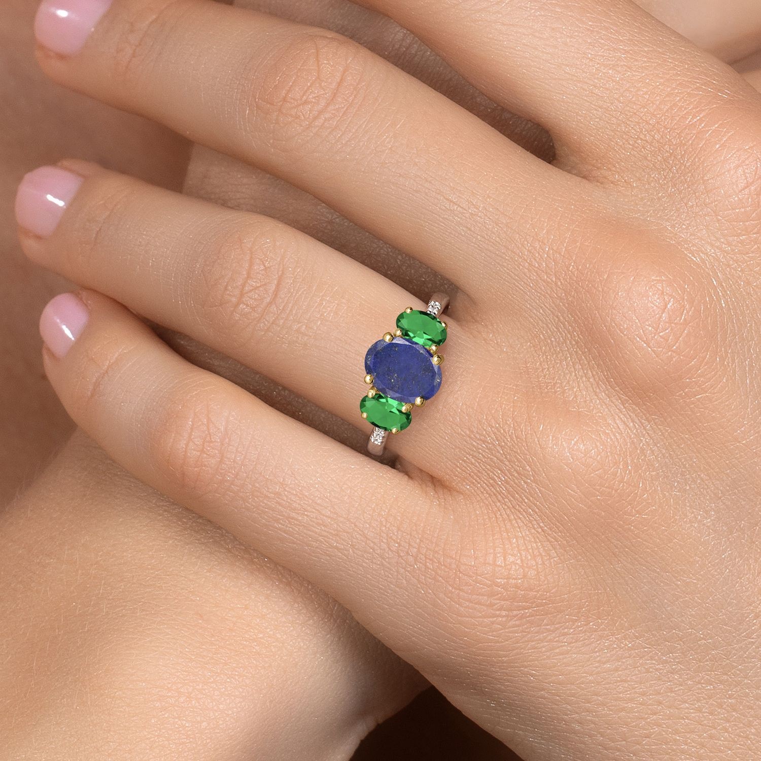 925 Silver and 10K Yellow Gold Blue Lapis and Nano Emerald and Lab Grown