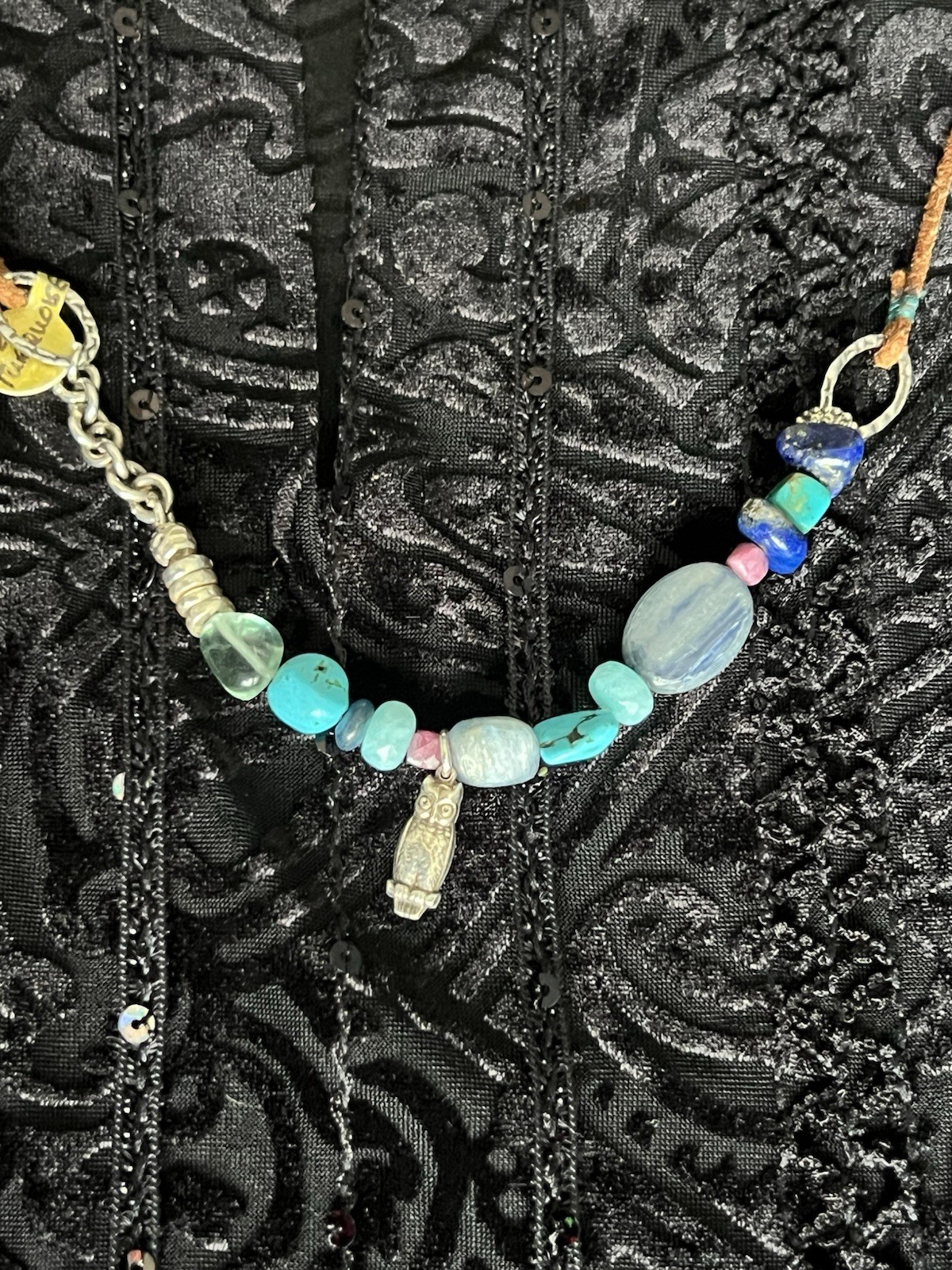 HeyHey Be Wise Gemstone Necklace Sterling Owl Leather Kyanite Turquoise Lapis