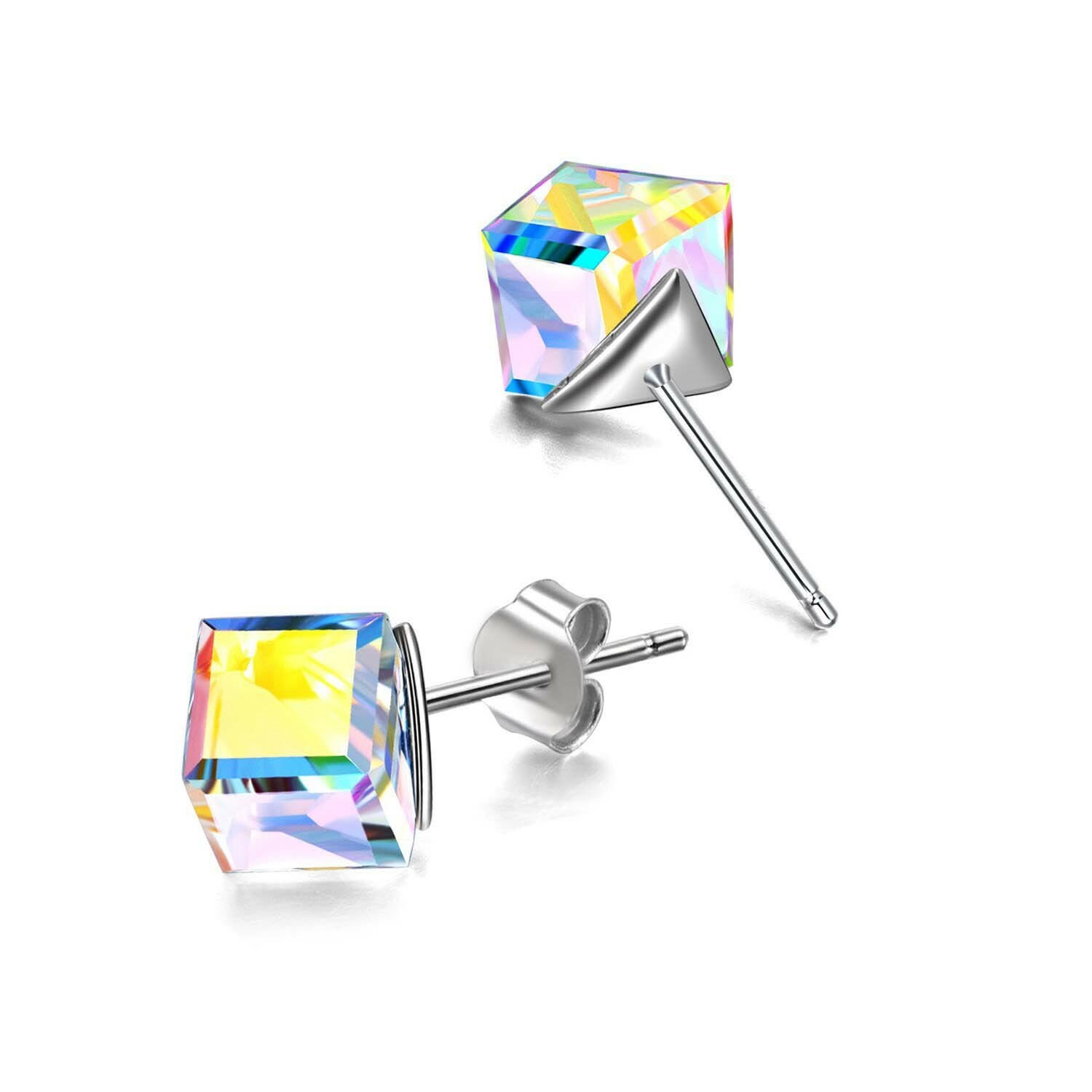 Aurora Borealis Square Crystal Cube Necklace & Stud Earrings Jewelry set
