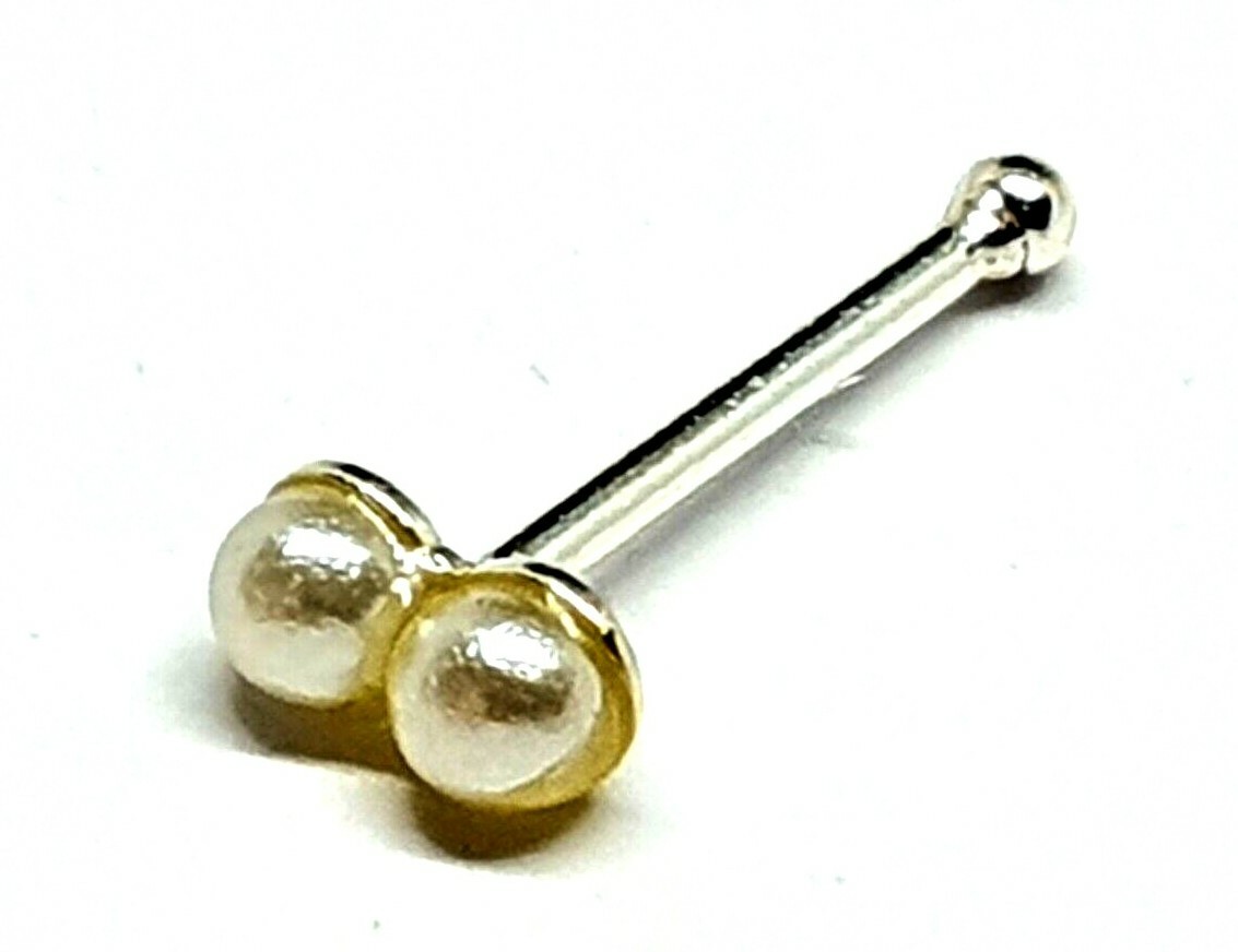 Pearl Nose Stud Double Cultured Twin Pearl 22g (0.6mm) 925 Silver Ball End