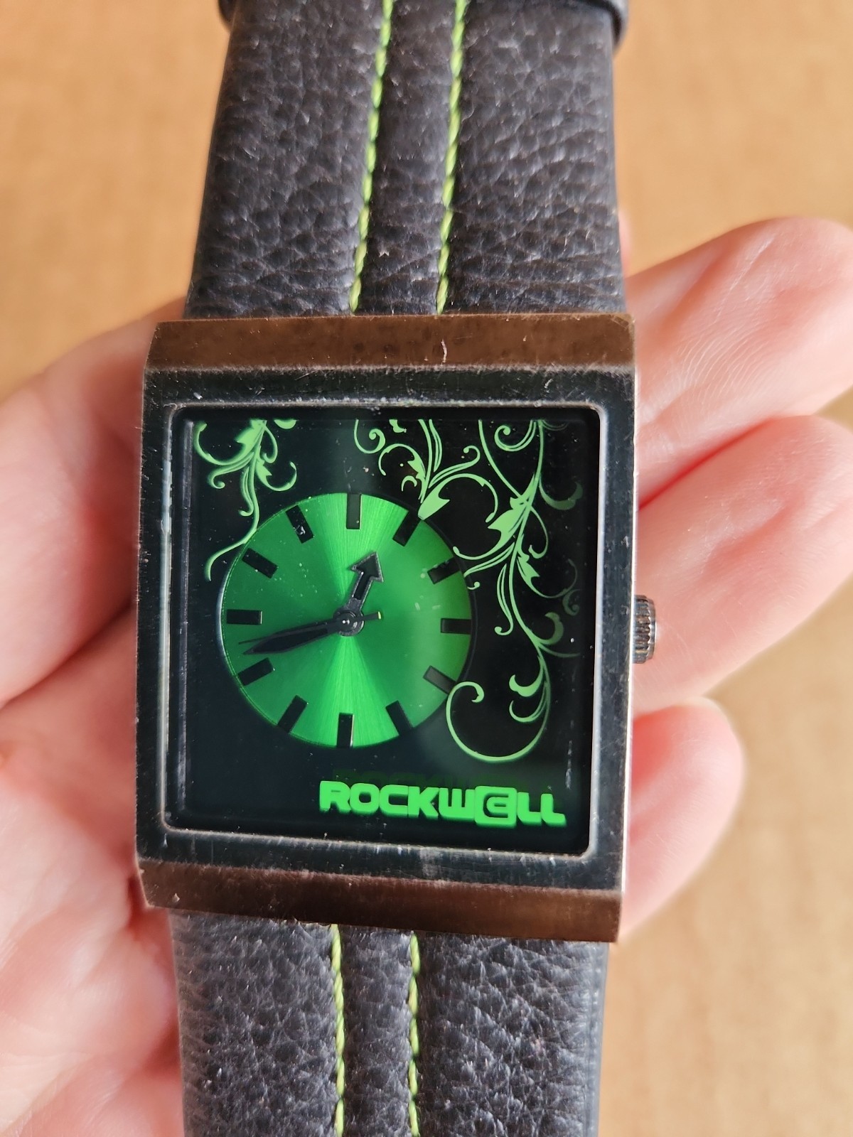 ROCKWELL VOGUE MERCEDES GREEN WRISTWATCH WITH BLACK BAND & NEW BATTERY WORKS