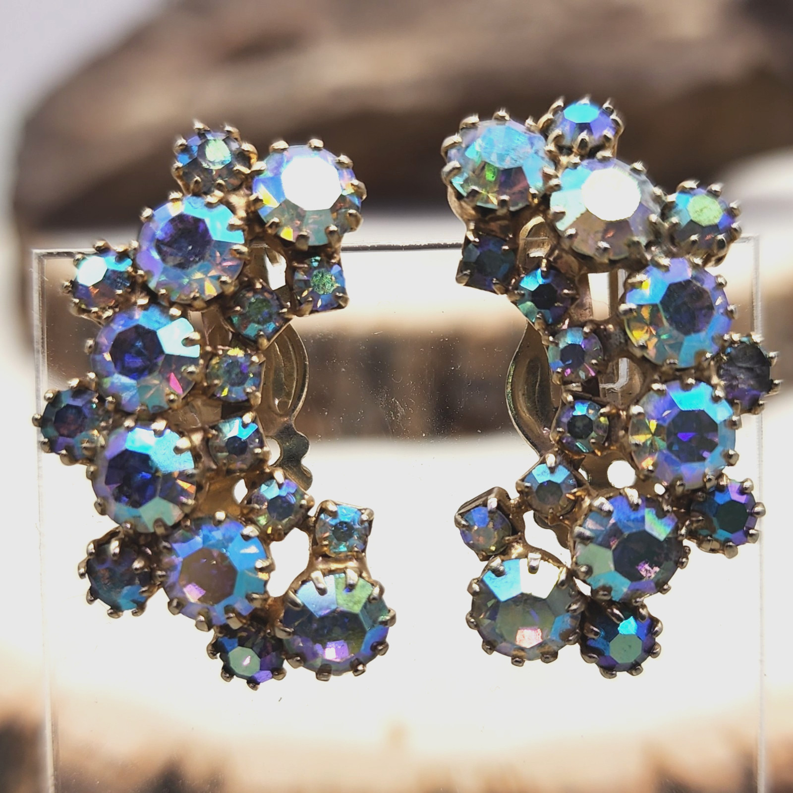 Weiss Aurora Borealis Rhinestone Iridescent 1.25″ Crescent Clip Earrings VTG