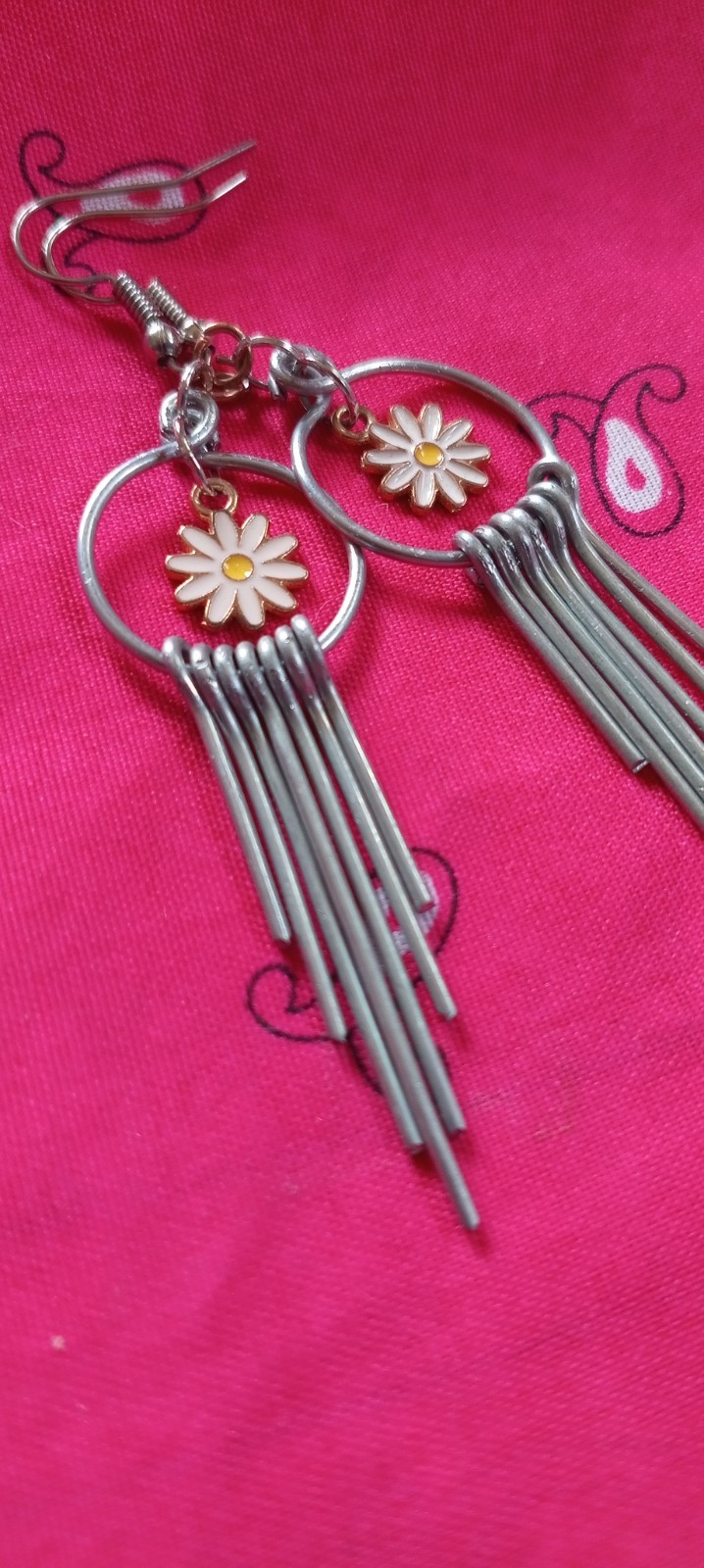 Silver & White Daisy Flower Round Metal Dangle/Drop Hook Earrings