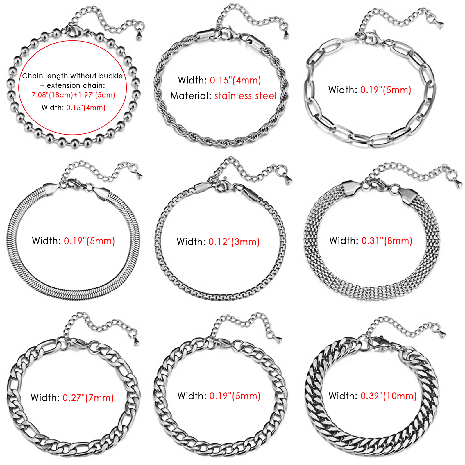 9pcs Men Women Mix Twisted Cuban Chain Stainless Steel Bracelet Adjustable 7″-9″