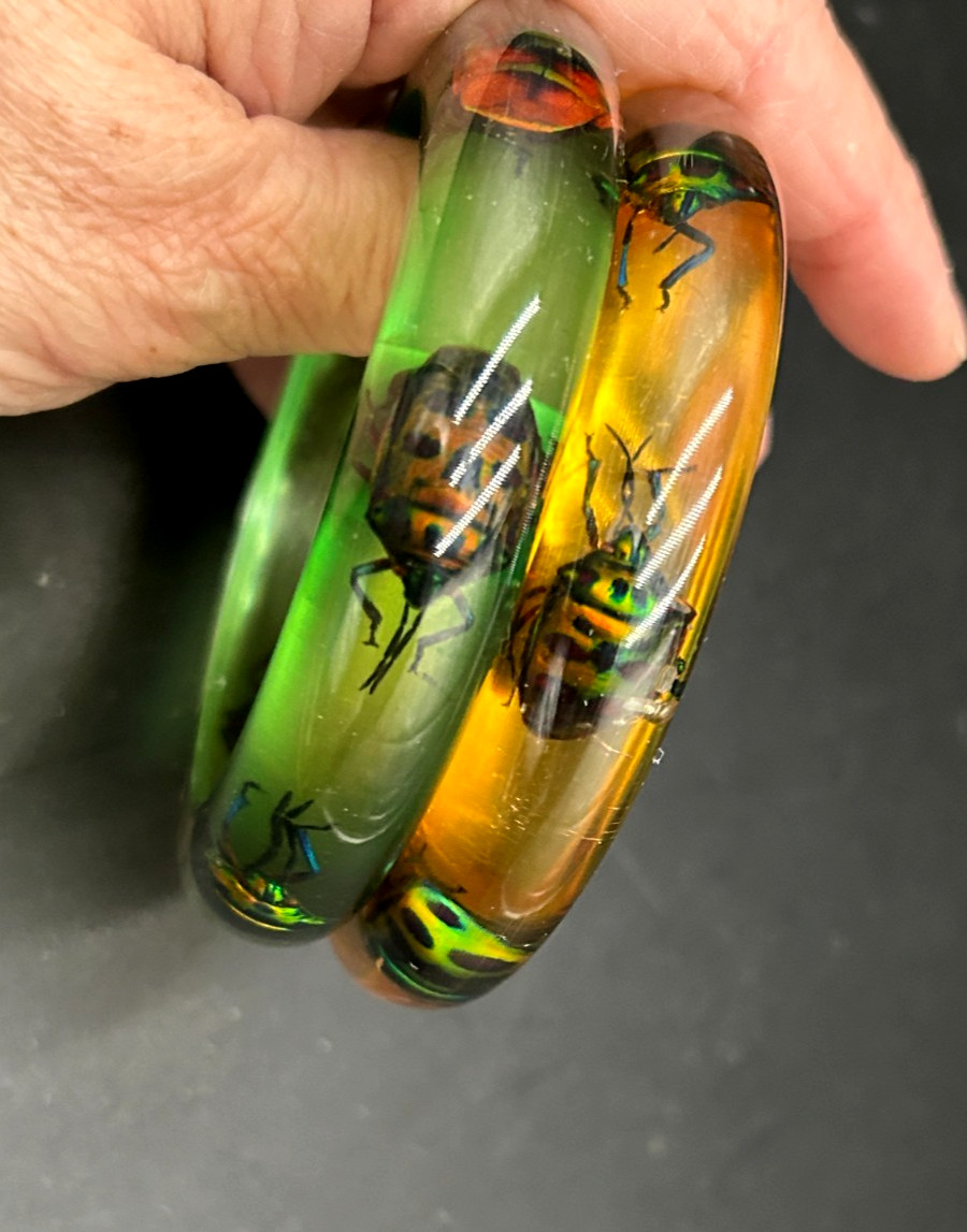 2 Vintage Resin Lucite Jewel Bettle Bangle Bracelets from Philippines Green Yell