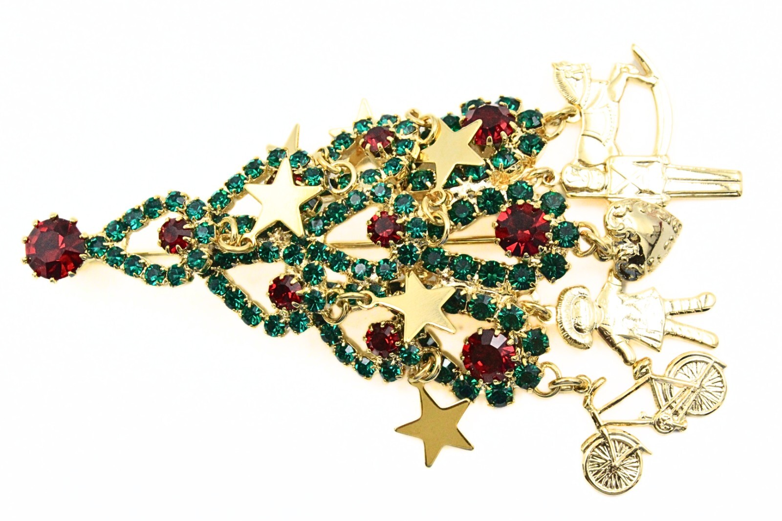 Spectacular Kirks Folly Green Red Gold Christmas Tree Dangling Brooch