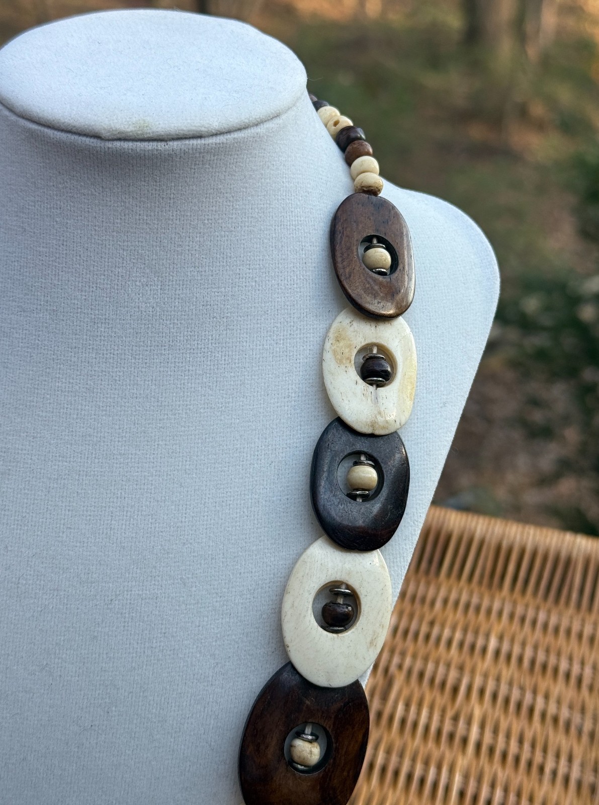 Vintage Nubian Organic Wood Carved Beaded Necklace Ivory Brown Statement