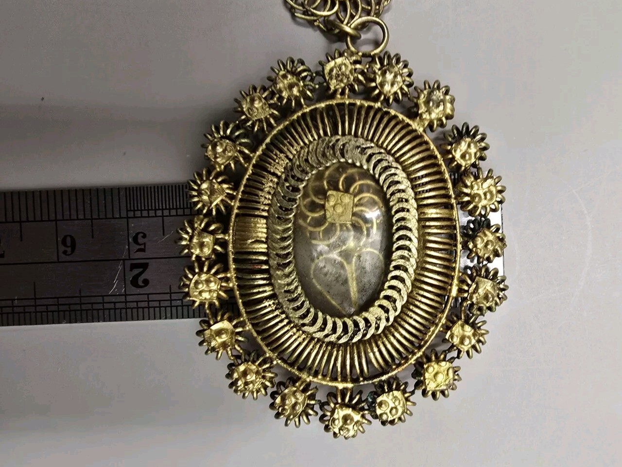 Philippines Tambourine Reliquary Gilt Copper Filigree Pendant Necklace Tamborin