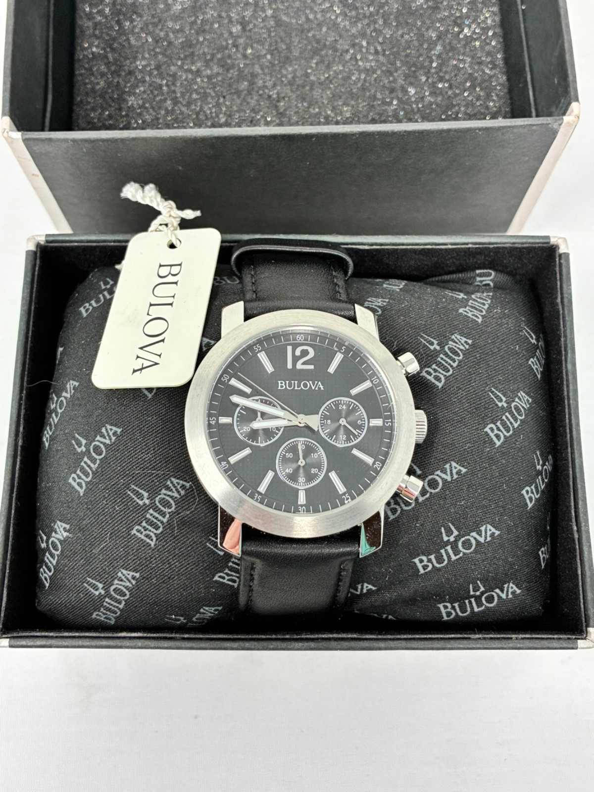 Bulova Men’s Sport Chronograph Watch Black Dial Leather Strap 96A159