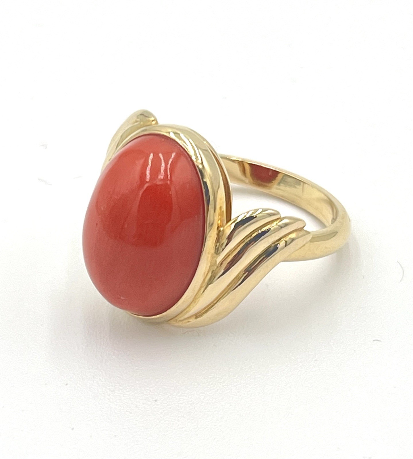 18Kt Gold Mediterranean Red Coral 16mm Cabochon Tower of the Greek Ring M+M