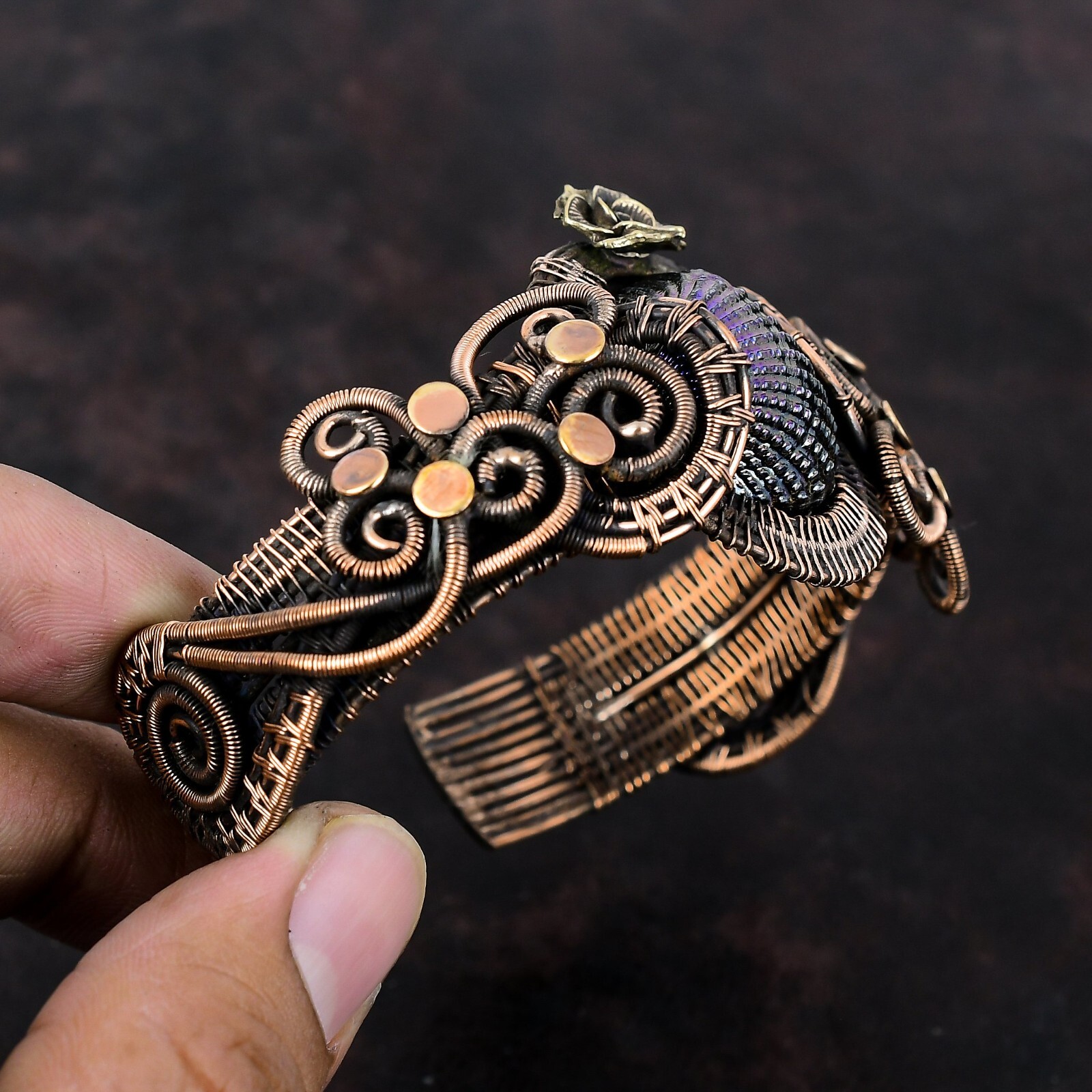 Gift For Women Wire Wrapped Flower Adjustable Cuff Copper Titanium Coated Shell