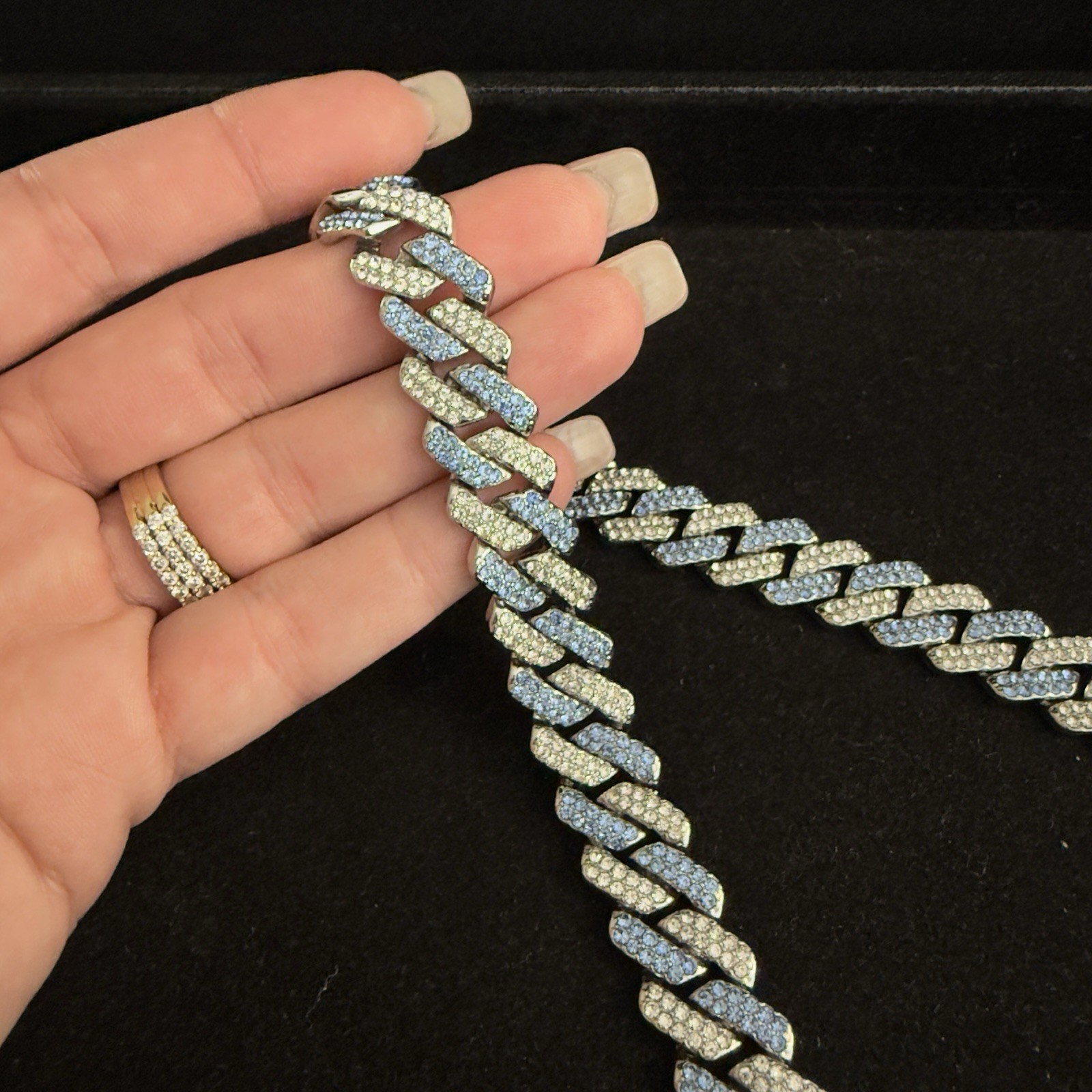 Beautiful Iced Out Cuban Link 14.2mm Thick Rhinestone 16.5in Chain Necklace~NEW