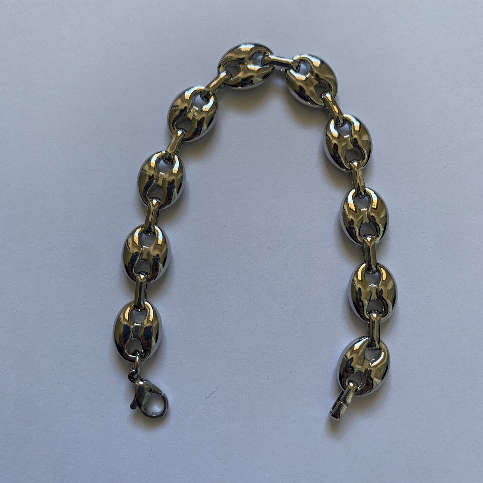 14k White gold Plated Puffy Puffed Anchor Mariner Link Chain Bracelet 1cm thick