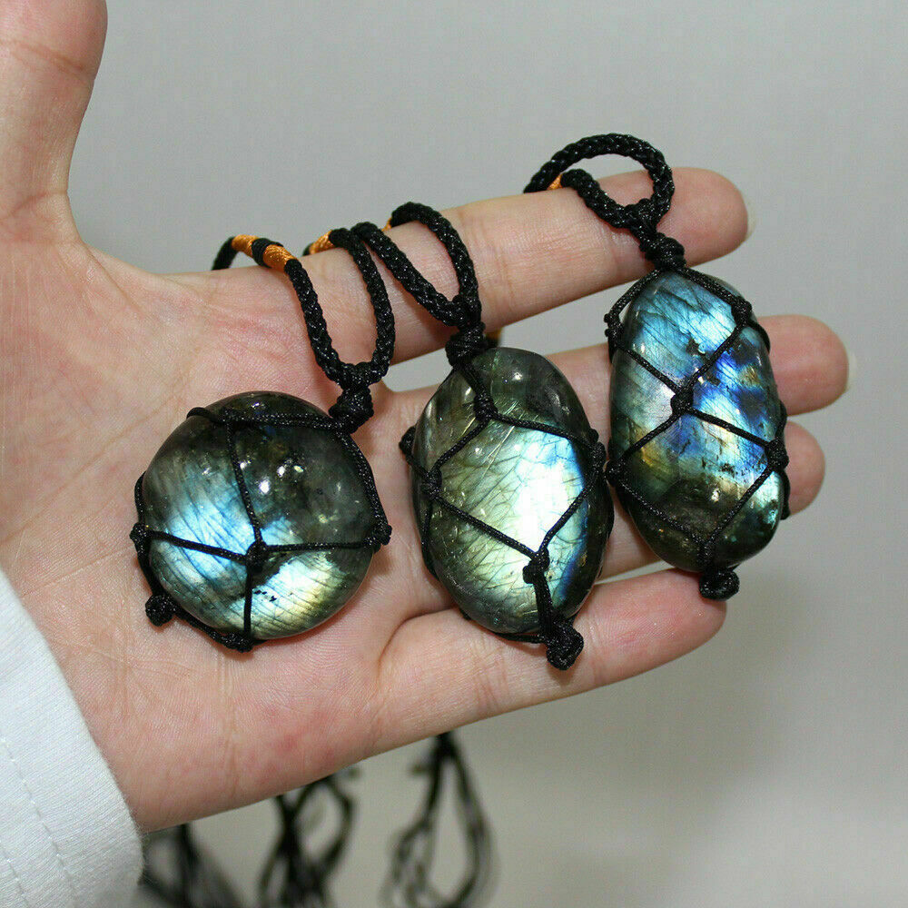 Labradorite Natural Irregular Stone Macrame Wrap Pendant Necklace Energy