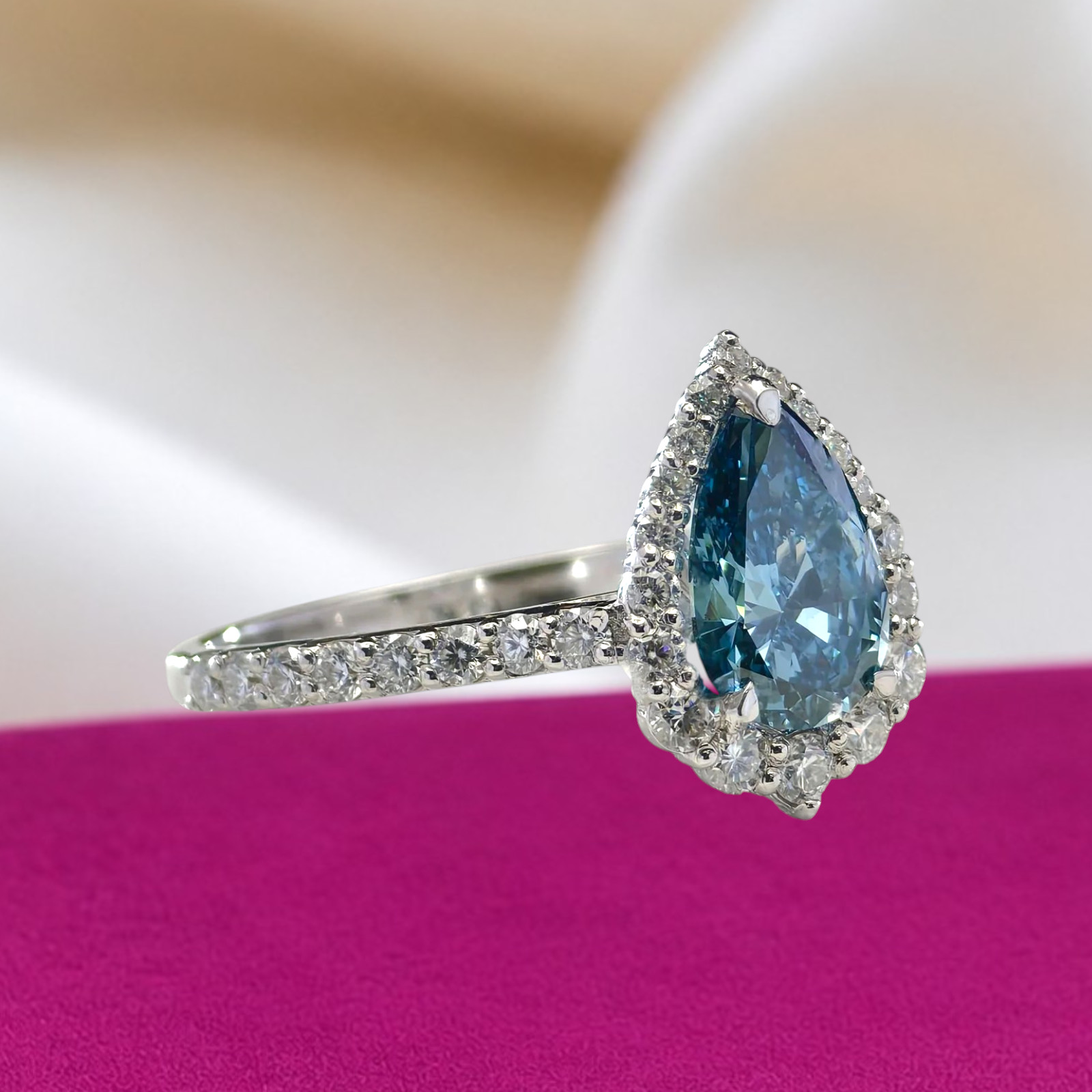 2.00 CT Pear Cut Lab Grown Fancy Intense Blue Diamond Women Ring 18K White Gold