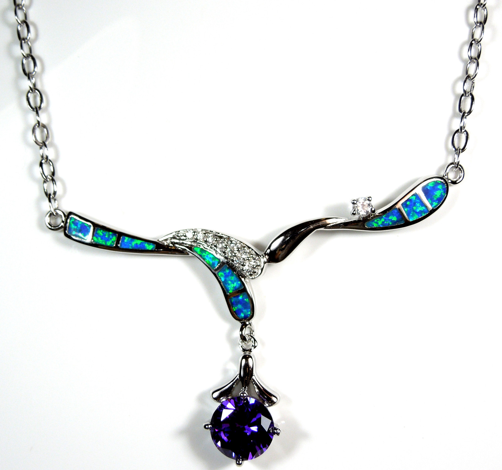 Beautiful Amethyst & Blue Fire Opal Genuine 925 Sterling Silver Necklace 18″