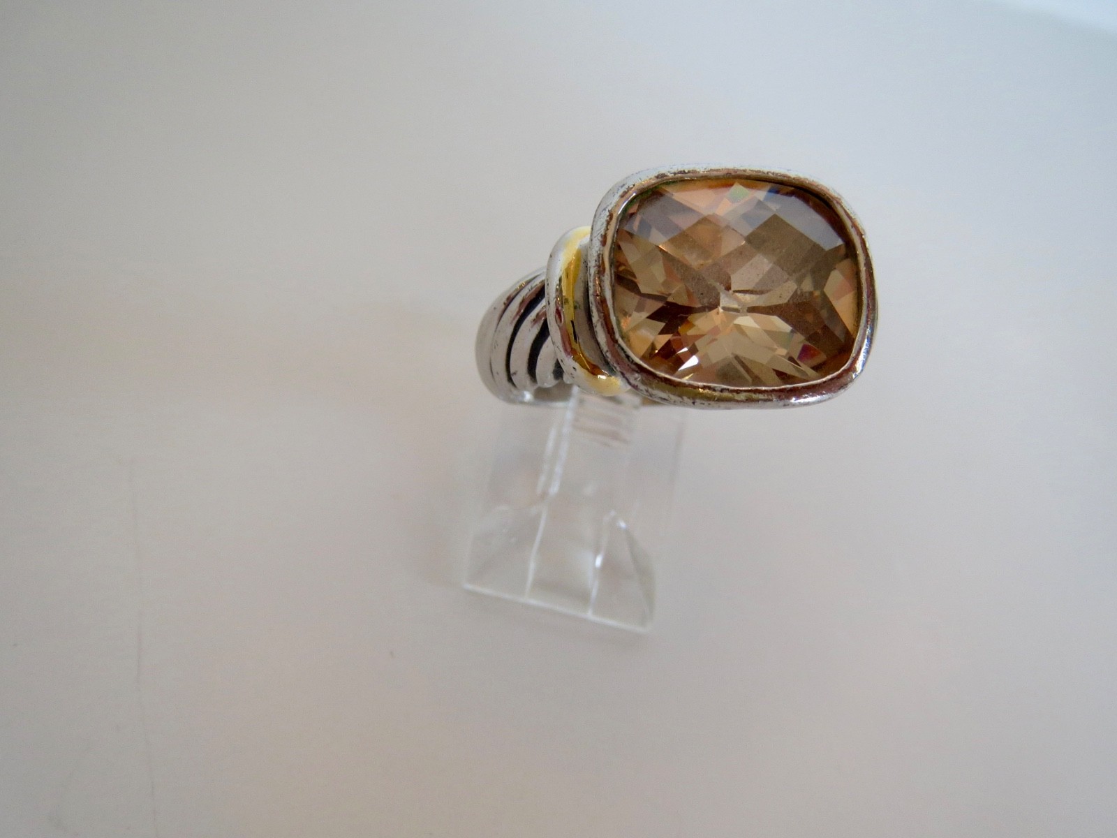 18K HG Electroplate Silver Twisted Cable Faceted Quartz RING Size 8 Two-Tone