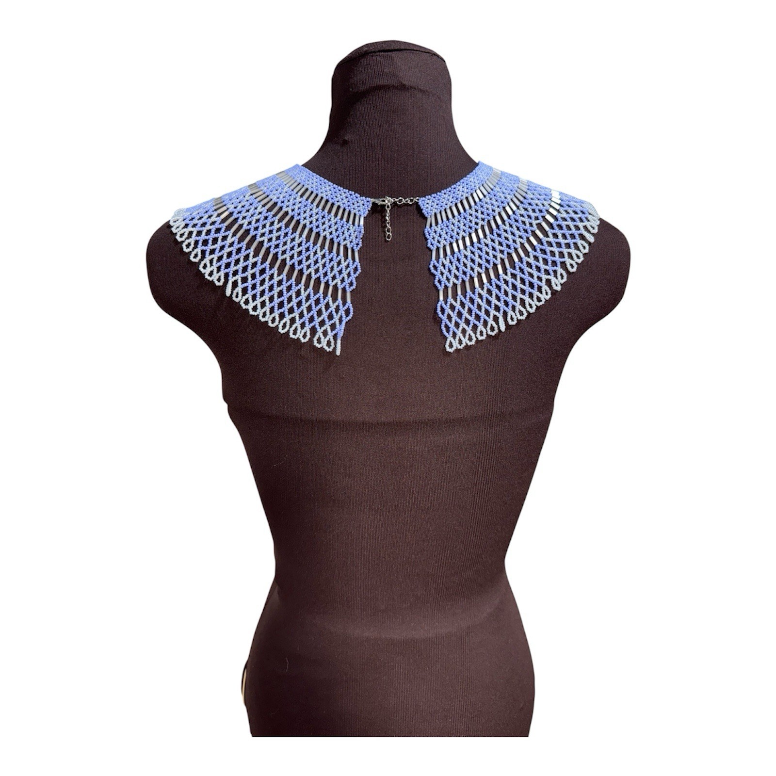 Handmade Beaded Collar Necklace Blue White Bib Choker Ethnic Statement Jewelry