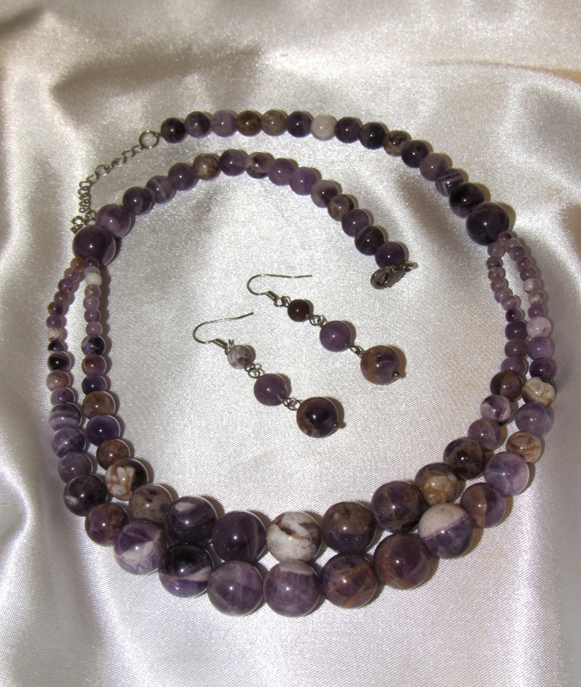 Amethyst Purple Agate Beaded Gemstone Necklace w Matching Dangle Earrings