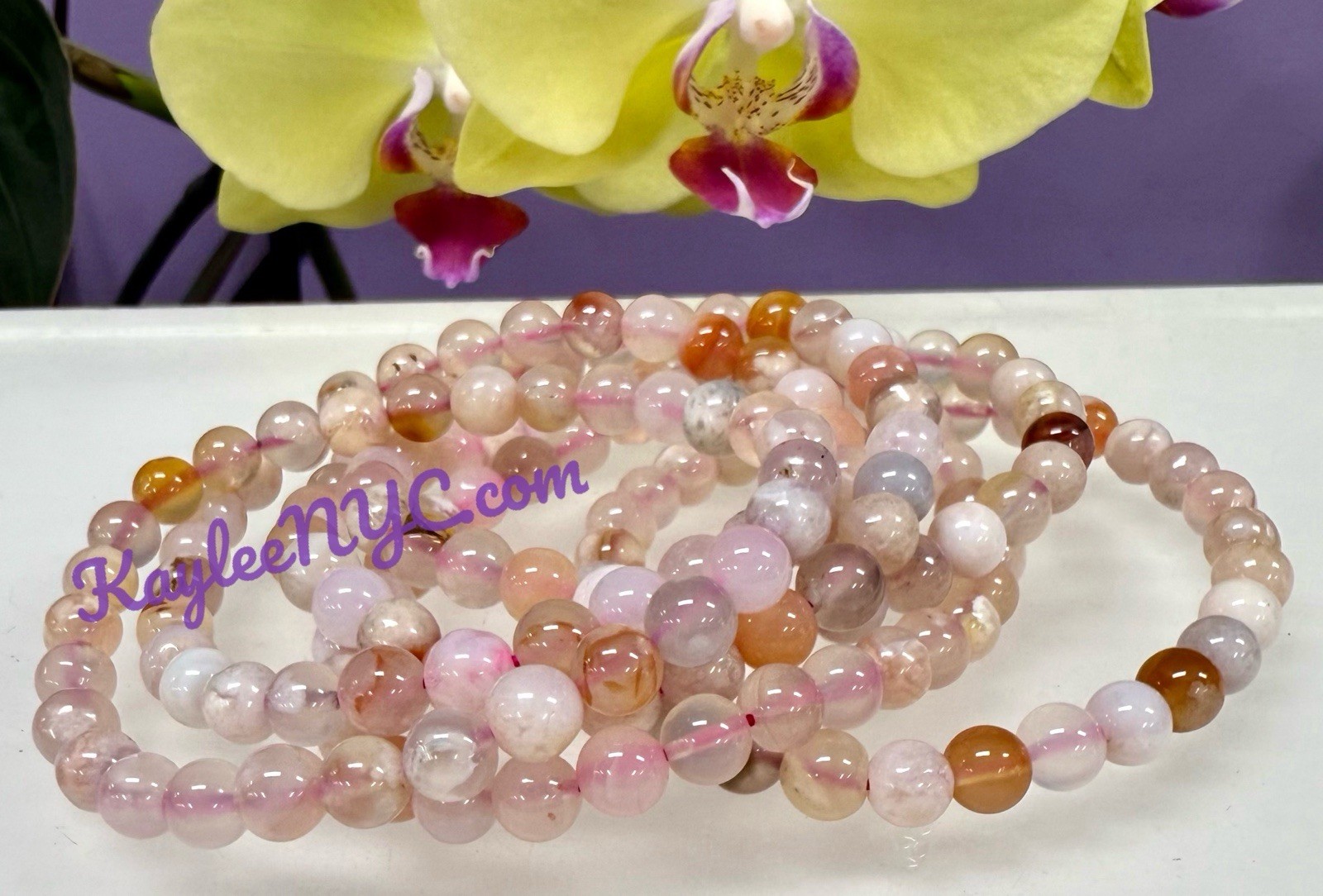 Wholesale 6 Pcs Natural Flower Agate 6mm 7.5” Stretch Bracelet Crystal