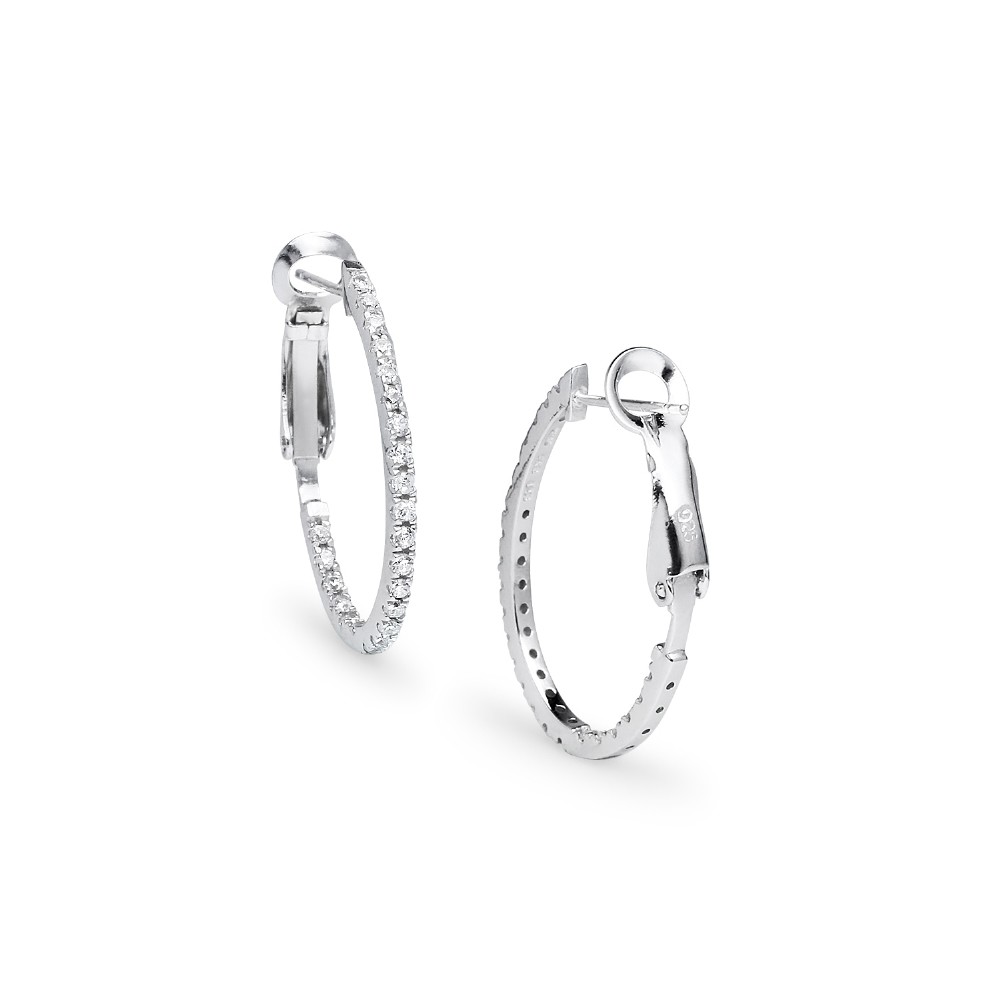 Cubic Zirconia Clutchless Oval 28mm Hoop Earrings in Sterling Silver